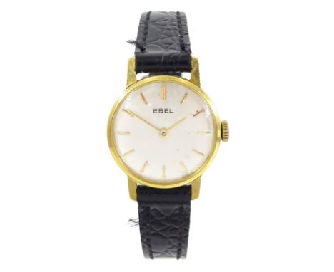 Ebel ladies 18ct gold manual wind wristwatch, silvered dial with baton hour markers, on black leather strapCondition Report:A