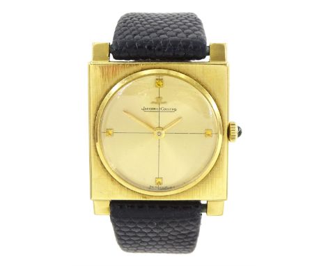 Jaeger LeCoultre gentleman's 18ct gold square cased manual wind wristwatch, champagne dial with yellow sapphire quarter marke