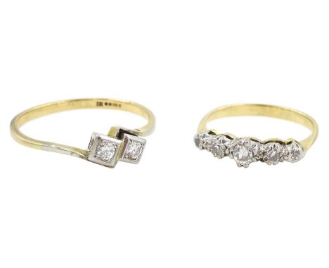 18ct gold two stone round brilliant cut diamond crossover ring, Sheffield 1998 and a 18ct gold five stone, single cut diamond