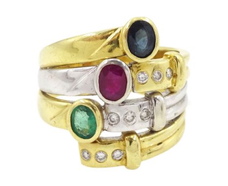 18ct gold multi gemstone set ring, four white and yellow gold rows set with an oval cut sapphire, ruby and emerald and round 