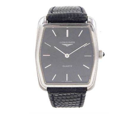 Longines gentleman's stainless steel quartz wristwatch, black dial with baton hour markers, on Longines black leather strap w
