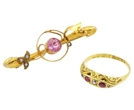 Victorian five stone oval cut ruby and old cut diamond ring, Birmingham 1883 and a gold pink stone set and pearl brooch, stam