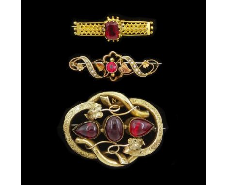 Three 9ct gold Victorian and later brooches including cabochon garnet, garnet and pink stone and seed pearlCondition Report:A