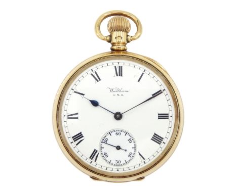 Early 20th century 9ct gold open face, keyless 'Traveler' lever pocket watch by American Watch Company, Waltham, No. 17878530