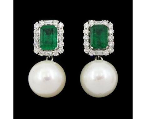 Pair of 18ct white gold emerald, diamond and pearl stud earrings, the octagonal cut emeralds with round brilliant cut and bag