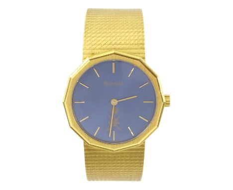 Royama gentleman's 18ct gold manual wind wristwatch, blue dial, with baton hour markers and Saudi Arabian coat of arms, Helve
