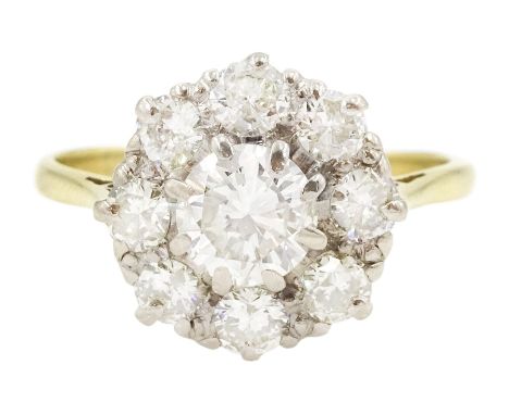 18ct gold round brilliant cut diamond cluster ring, stamped, principal diamond approx 0.70 carat, total diamond weight approx