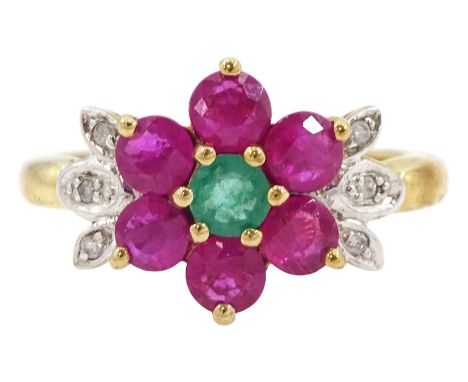9ct gold emerald and ruby flower head cluster ring, hallmarked, total ruby weight approx 1.30 carat, emerald approx 0.20Condi