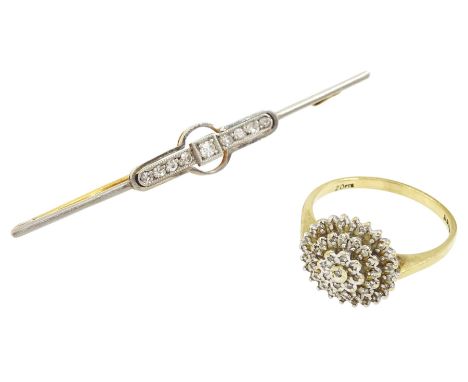 Early 20th century gold milgrain set, old cut diamond bar brooch and a later 9ct gold diamond chip cluster ring, hallmarked, 