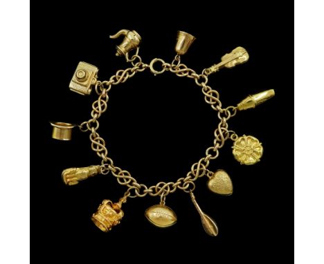 9ct gold fancy infinity link chain bracelet, with twelve 9ct gold charms including rugby ball, crown, camera, rose cat and ce