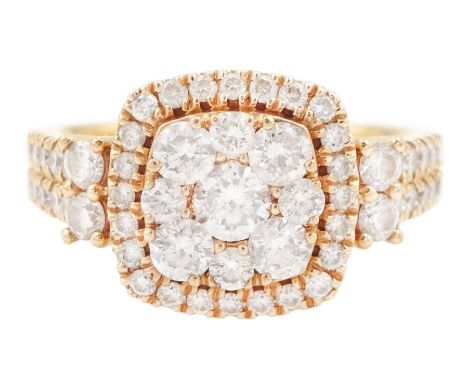 14ct rose gold round brilliant cut diamond halo cluster ring, with diamond set shoulders and gallery, stamped, total diamond 
