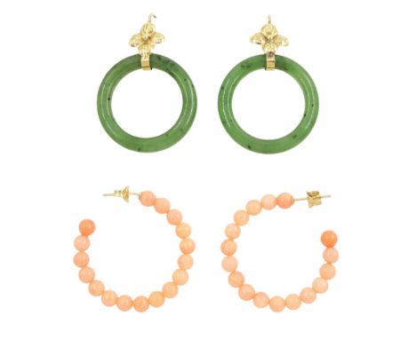 Pair of gold jade circular hoop earrings, with flower head fasteners and a pair of 9ct gold coral hoop earringsCondition Repo