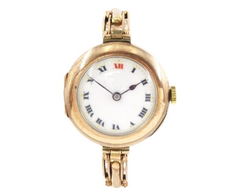 Rolex early 20th century 9ct rose gold manual wind wristwatch, white enamel dial with black Roman numerals and red 12 o'clock