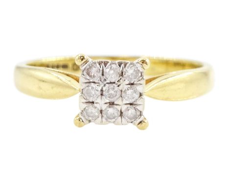 18ct gold pave set round brilliant cut diamond square cluster ring, hallmarkedCondition Report:Approx 3.05gm, size K-L, diamo