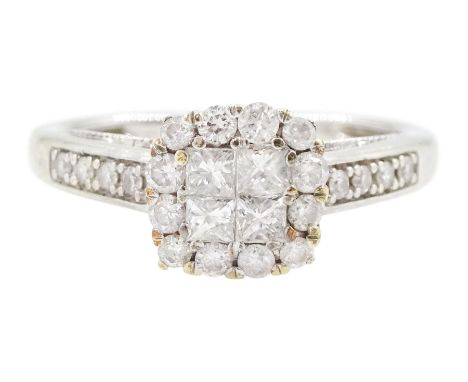 9ct white gold diamond cluster ring, four princess cut diamonds, with round brilliant cut diamond surround and diamond set sh