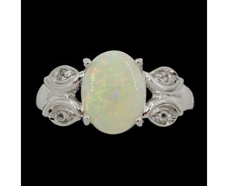 9ct white gold opal and white topaz ring, hallmarkedCondition Report:Approx 2.9gm, size n, good condition