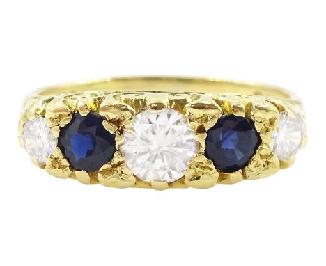 18ct gold five stone round brilliant cut diamond and sapphire ring, London 1975, total diamond weight approx 0.60 caratCondit