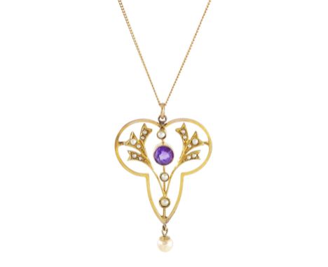 Edwardian gold pearl and amethyst pendant, stamped 9ct, on later 9ct gold chain necklace, hallmarkedCondition Report:Pendant 