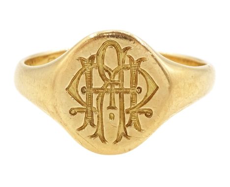 Early 20th century 18ct gold signet ring, monogrammed with initials, the inside inscribed and dated 1916, Chester hallmarkCon