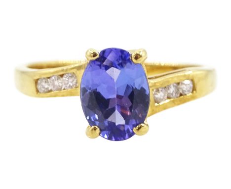 18ct gold single stone oval cut tanzanite ring, with round brilliant cut diamond shoulders, hallmarked, tanzanite approx 0.90