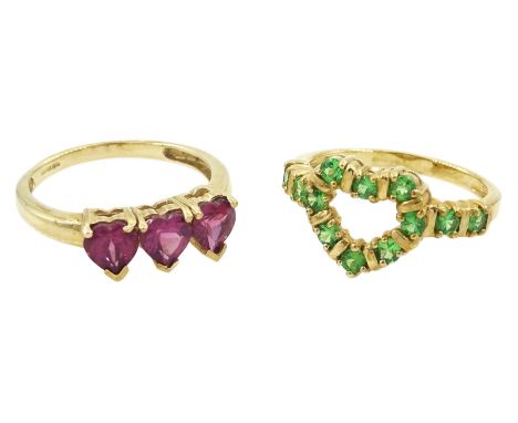 Gold three stone heart cut rhodolite garnet ring and a gold tsavorite garnet, heart shaped ring, both hallmarked 9ctCondition