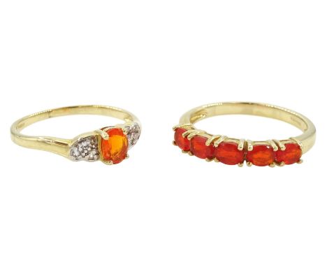 Gold five stone fire opal ring and a gold fire opal and white topaz ring, both hallmarked 9ctCondition Report:Approx 3.4gm, f