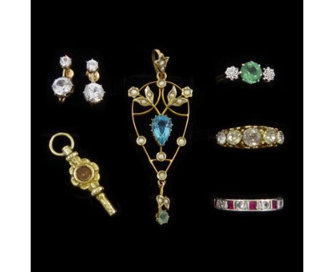 Victorian and later gold jewellery including five paste stone set ring, Birmingham 1897, blue paste stone and seed pearl pend