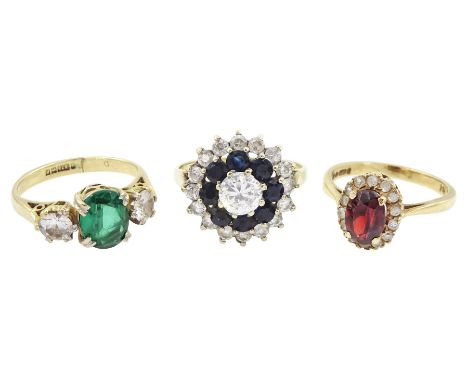 Three gold stone set rings including garnet, cubic zirconia and sapphire, all hallmarked 9ctCondition Report:Approx 7.45gm, r