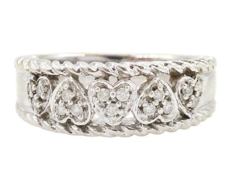 9ct white gold diamond heart shaped ring, hallmarkedCondition Report:Approx 6.25gm, size N, rubbing to rhodium plating, max d
