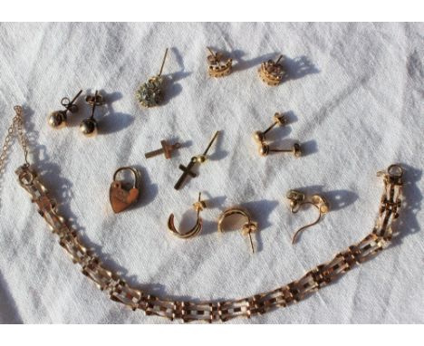 A 9ct yellow gold gate bracelet with padlock clasp, together with 9ct gold earrings etc approximately 8.2 grams