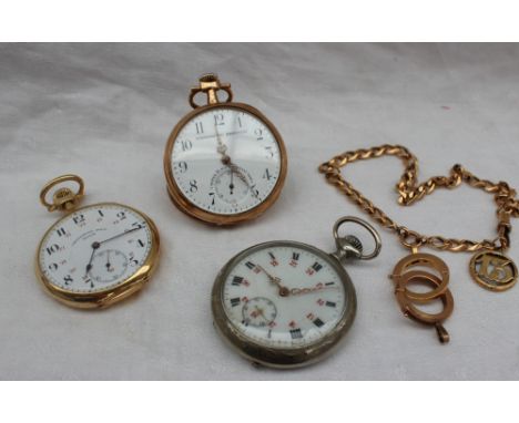 A continental yellow metal open faced pocket watch, the circular enamel dial with Arabic numerals and a seconds subsidiary di