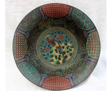 A cloisonne enamel bowl of flared form, decorated with a bird of paradise, flowerheads and leaves, 31cm diameter x 11cm high 