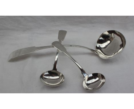 Irish Silver - A late George III silver fiddle pattern ladle, Dublin, 1812, Richard Sawyer, together with two silver sauce la