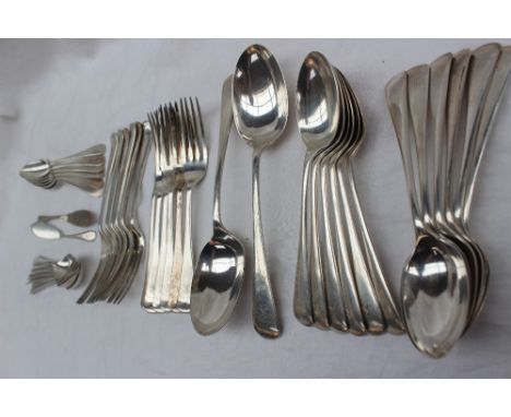 A George V old English pattern silver part flatware service engraved with a “K” comprising twelve dessert forks, twelve desse