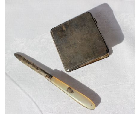 A George V silver cigarette case, with engine turned decoration, Birmingham, 1938 together with a silver and mother of pearl 