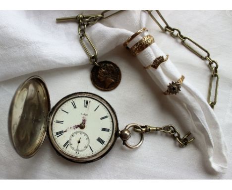 A silver hunter pocket watch, the enamel dial with Roman numerals and a seconds subsidiary dial, on a white metal albert chai