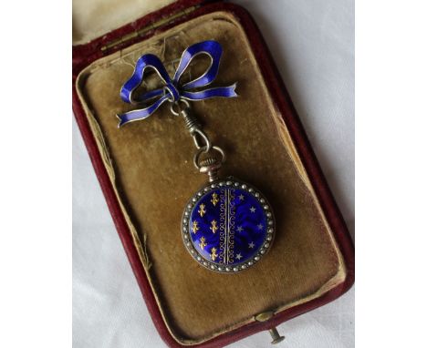 A French white metal, enamel and seed pearl decorated fob watch, the enamel dial with Arabic numerals and pierced yellow meta