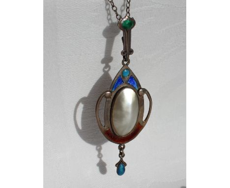 An Art Nouveau James Fenton &amp; Co silver, pearl and enamel pendant Birmingham, 1908, on a white metal chain together with 