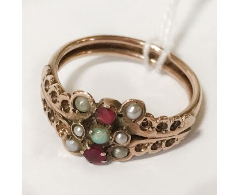 9CT ANTIQUE PEARL &amp; RUBY GOLD RING - SIZE O