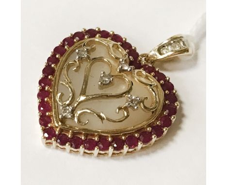 14CT GOLD MOTHER OF PEARL, DIAMOND &amp; RUBY PENDANT