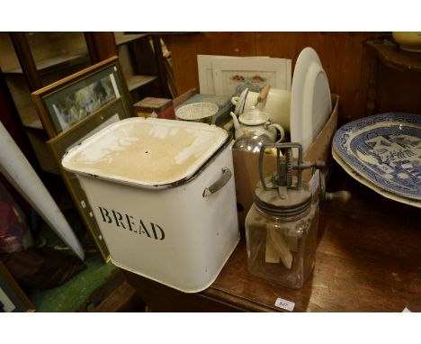 Kitchenalia-an early 20th century white enamel bread bin, a conforming milk pail, butter churn, tins, Rowntrees and others te
