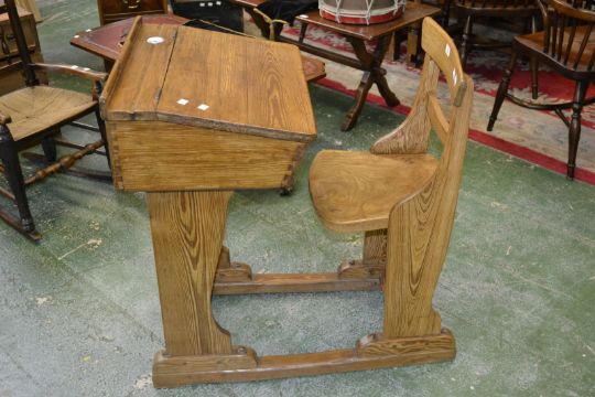 A Child S Pine School Desk And Chair With Original Ceramic Ink