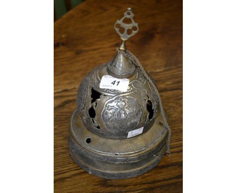 A 19th century Middle Eastern Islamic silver damascened brass hanging mosque lamp, decorated with stylized flowers, leafy ste