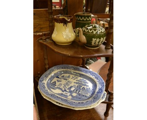 Ceramics - a Victorian Copeland Late Spode green and brown sprigged teapot, water jug;  a salt glazed jug;  a willow pattern 