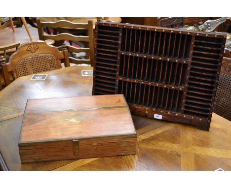 A brass mounted collector's box and cover fitted with compartments; a brass mounted shelf with various pigeonholes (2)