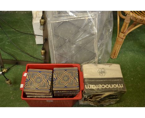 A set of late 19th century Minton floor tiles; modern ceramic floor tiles; a quantity of leaded glass window panes