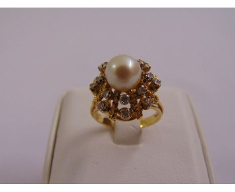 18ct yellow gold pearl and diamond cluster ring, approx total weight 7.7g