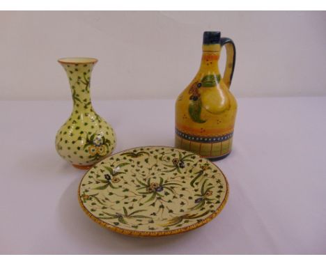 Cantagalli art pottery dish and matching vase and a continental wine ewer, signed Martin