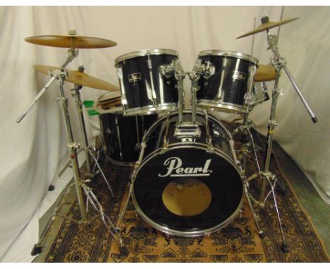 Pearl Export Series black finish drum kit to include two tom-toms, a floor tom-tom, a snare drum, high-hat and Zildjian cymba