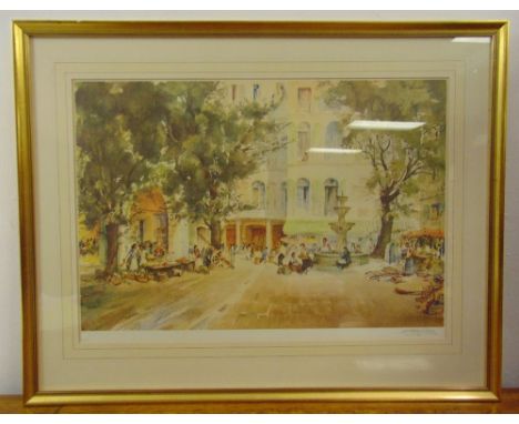 A. William Brown framed and glazed limited edition print of a continental village scene, blind stamped and signed, 44 x 65.5c